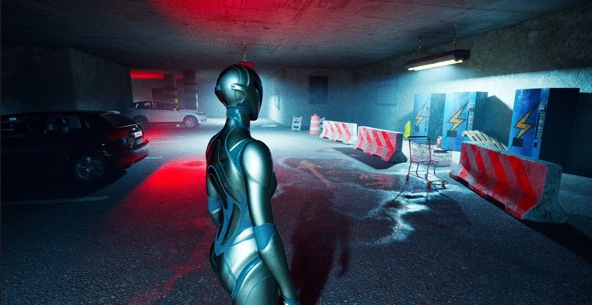 Mroczne środowisko 3D podziemnego garażu – game-ready assets, klimatyczne oświetlenie i level design do gier wideo.