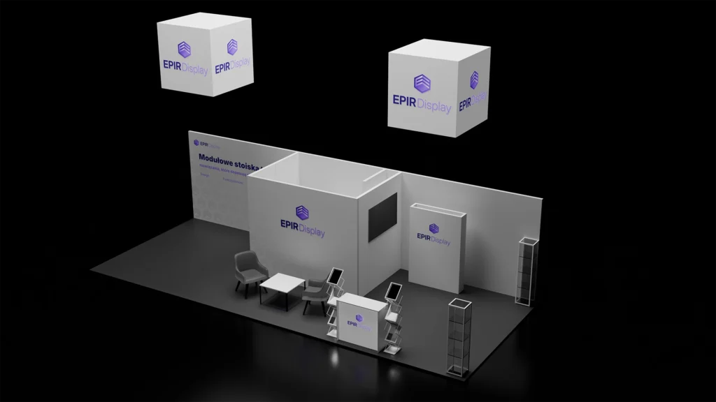 Wizualizacja stoiska targowego w 3D Profesjonalna wizualizacja 3D stoiska targowego – projekt przestrzenny i oświetlenie dla firm.