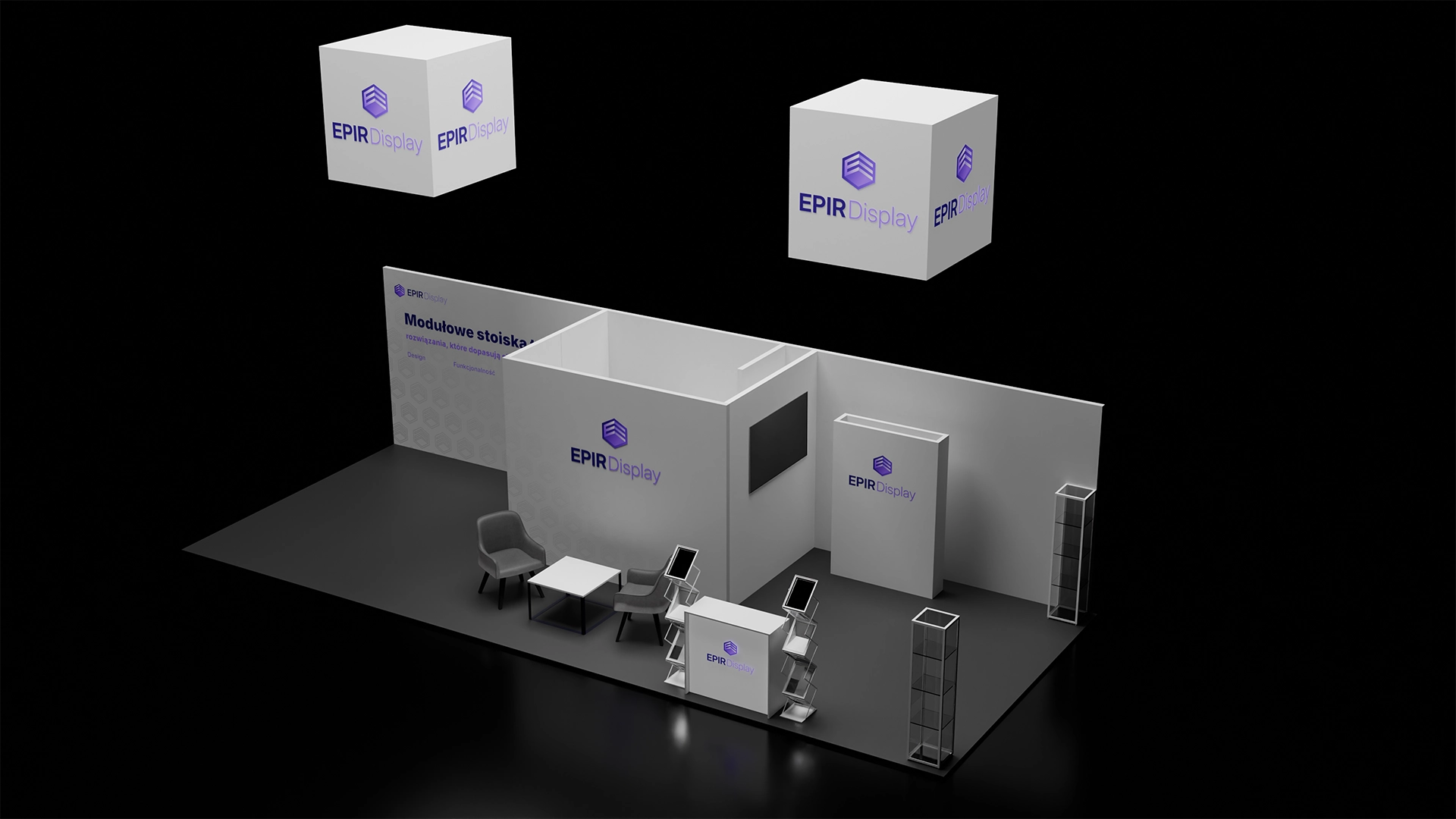 Profesjonalna wizualizacja 3D stoiska targowego – projekt przestrzenny i oświetlenie dla firm.