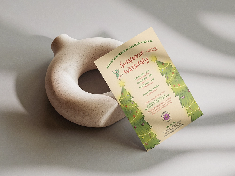 Estetyczny projekt graficzny 2D plakatu marketingowej zaprezentowany na nowoczesnym mockupie 3D – kompleksowe projektowanie dla firm.