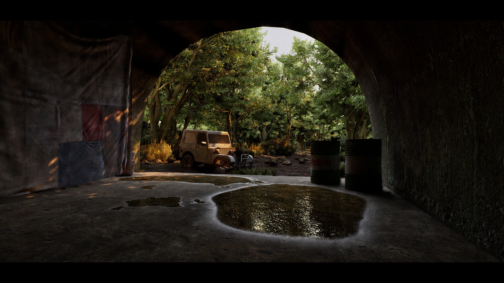 Fotorealistyczne środowisko leśne 3D z pojazdem – portfolio zoptymalizowanych zasobów do gier (Game Art i Level Design).